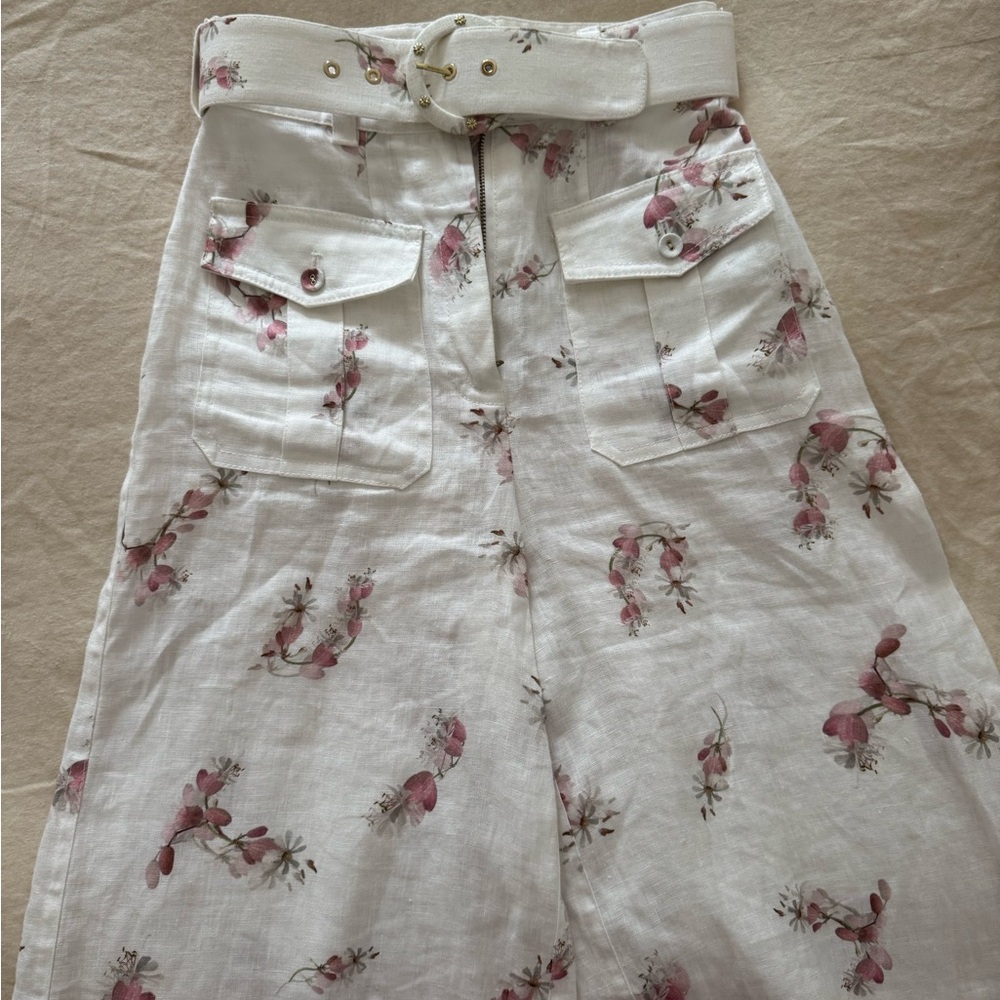 Zimmermann Ivory Pants with Pink Floral Design & Belt - Picture 4 of 4